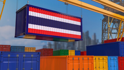 3D rendering of a shipping container with the Thai flag suspended from a crane in a port dock.