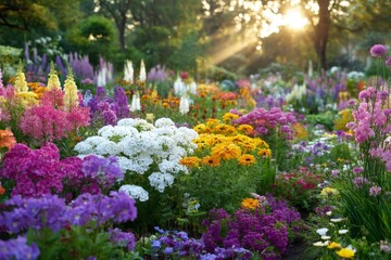 Obraz premium Vibrant garden filled with colorful flowers during golden hour in a tranquil park setting