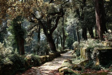 Fototapeta premium Serene forest pathway lined with trees and vibrant plants in the morning light