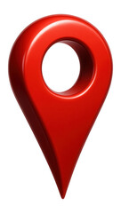 Red 3D map location pin icon with a glossy finish and a hollow center on transparent background.