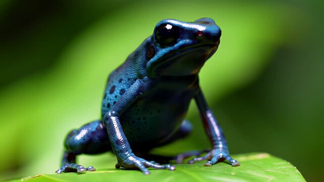 Striking Blue Poison Dart Frog on Green Leaf
