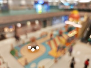 Abstract bokeh image of shopping mall interior with colorful lights and blurred figures.