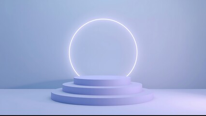 A minimalist threetiered podium with a neon circle, ideal for showcasing products, set against a serene blue backdrop in a studio setting