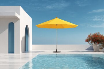 Bright yellow umbrella beside serene pool at modern villa overlooking clear blue sky