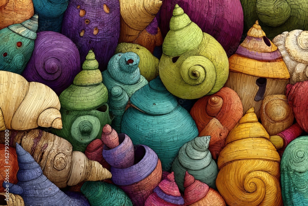 Poster colorful collection of shell-like structures in various shapes and hues found in nature during dayli