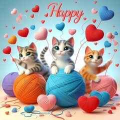 Playful cats with yarn balls, hearts around, celebrating Cat Day.
