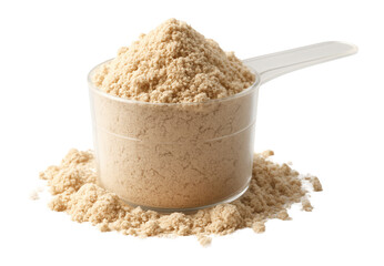 Beige protein powder piled in a transparent measuring scoop with some powder spilled around it on transparent background.