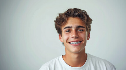 young smiling handsome man with metal braces on teeth on white background, dentistry, orthodontics, teeth alignment, bite, oral health
