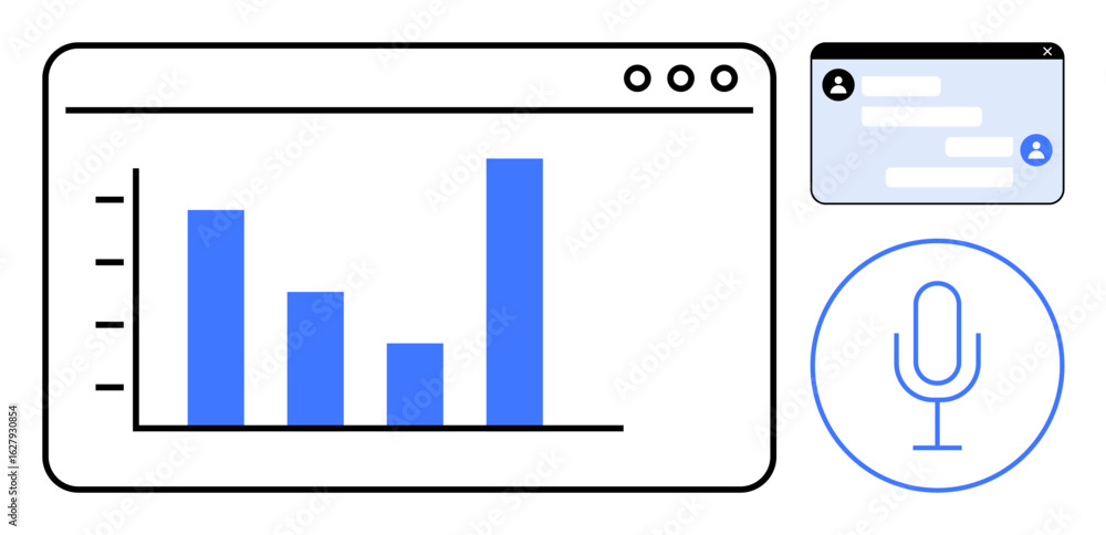 Poster bar chart in browser window, chat interface, microphone icon. ideal for analytics, communication too