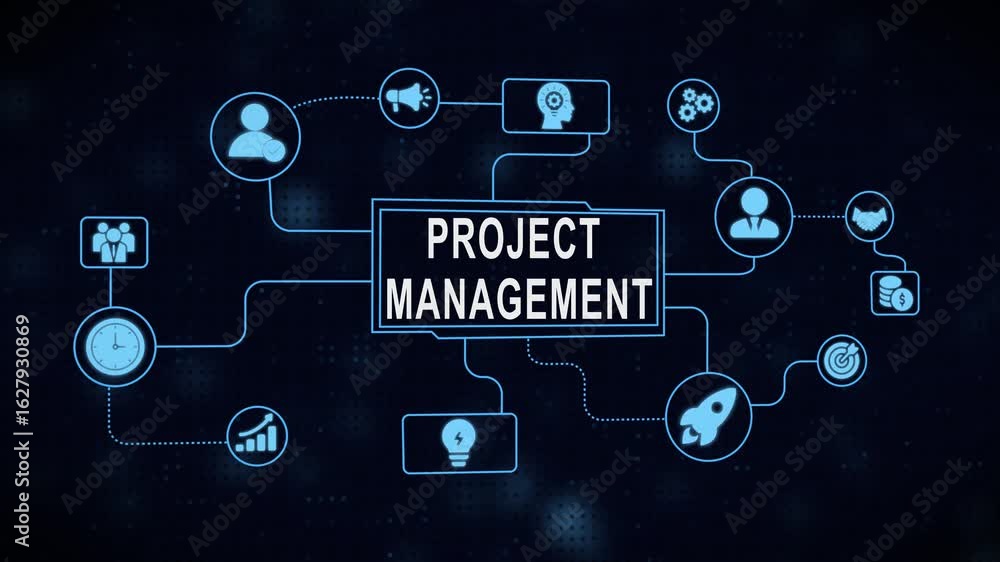 Poster digital project management system represented with icons and diagram on dark background
