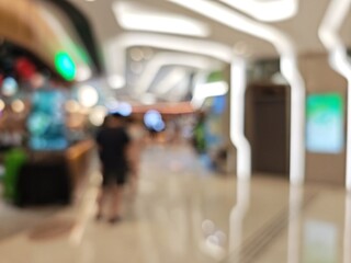 Abstract bokeh image of a shopping mall with blurred lights and people.