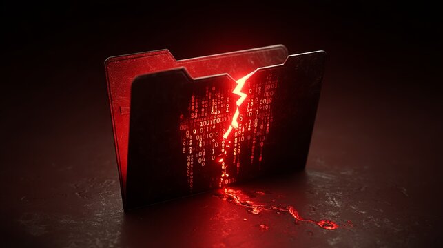 A glowing red broken folder with digital binary code, symbolizing data breach and cybersecurity threats. - Powered by Adobe