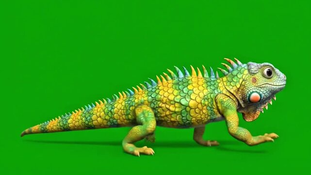 3D cartoon iguana on green screen background
