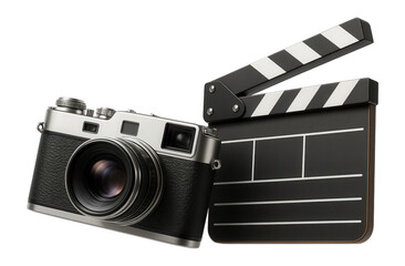 Fototapeta premium Vintage-style camera with a lens next to a classic film clapperboard, symbolizing photography and filmmaking on transparent background.