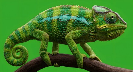 Obraz premium A vibrant green chameleon perched on a branch against a solid green background in sharp focus