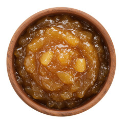 A wooden bowl filled with homemade apple sauce, showcasing its smooth texture and apple chunks, set against a neutral background