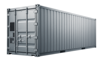 Metallic shipping container with secure locking doors and reinforced corners on transparent background.