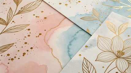 Watercolor Floral Stationery Set with Gold Foil Accents Background