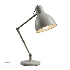 Modern desk lamp illuminating workspace with soft light, minimalistic design, and white background