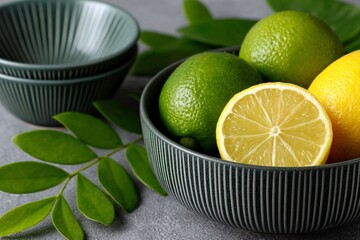 Fresh citrus composition with lemons and limes in textured bowls