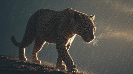 Leopard walking along cliff edge in lightning storm with cinematic lighting