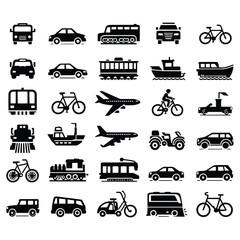 Obraz premium Collection of diverse transportation vehicle silhouettes including cars buses trains airplanes boats and bicycles isolated on white background silhouette