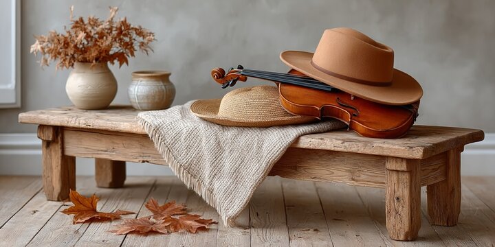 Rustic autumn still life with violin and straw hat on wooden bench