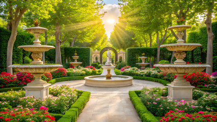 Elegant French Garden with Fountains, Statues, and Blooming Flowers
