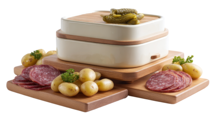 Stacked serving platters with wooden boards and ceramic containers, holding appetizers like pickles, sliced salami, and boiled potatoes