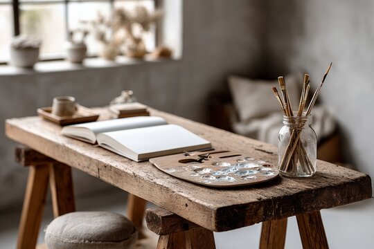 Rustic art studio with paintbrushes, palette, and journal on wooden table
