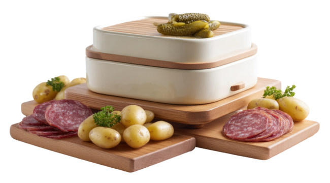 Stacked serving platters with wooden boards and ceramic containers, holding appetizers like pickles, sliced salami, and boiled potatoes