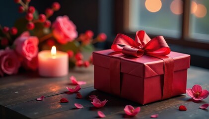 Elegant gift box with flickering candles & blooming flowers , bouquet, candles, celebration