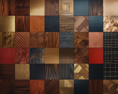 Campione di texture di legno e tessuti: tavolozza colori ricca e drammatica