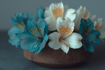 Beautiful arrangement of colorful flowers in a wooden bowl showcasing delicate petals and vibrant colors
