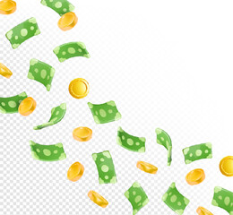 3d vector cartoon render green dollar paper currency and gold coins money floating, flying banknote isolated on transparent background. Finance, investment, business concept.
