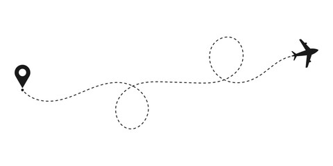 Airplane with dotted line route or Airplane flight line path