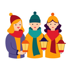 Carolers in colorful scarves singing under lantern vector icon on white background.