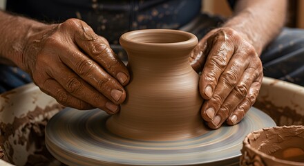 Hands shaping clay on a spinning wheel to form a vase in a pottery workshop with skilled craftsmanship