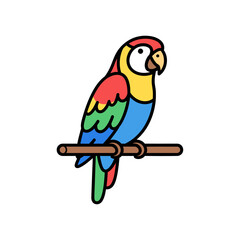 Vibrant cartoon parrot with colorful feathers perched on a simple branch illustration.