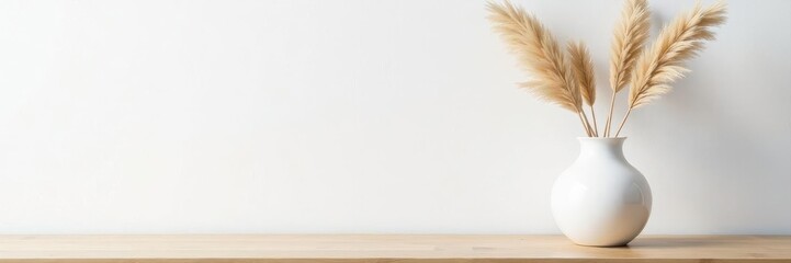 Naklejka premium Modern white vase with dried grass, wooden table against white wall , hygge, scandinavian, simple living
