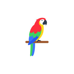 Colorful parrot illustration perched on a wooden branch against a clean white background.