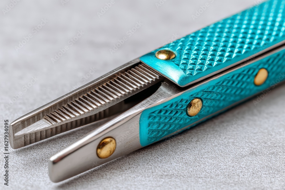 Poster precision tool with turquoise handle showcased on a textured surface in a well-lit setting