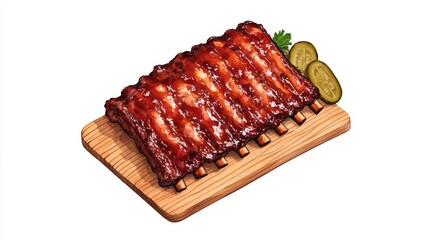 Delicious Barbecue Ribs with Pickles and Garnish on Board