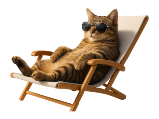 A relaxed tabby cat wearing sunglasses lounges in a wooden deck chair on transparent background.