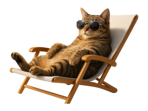 A relaxed tabby cat wearing sunglasses lounges in a wooden deck chair on transparent background.