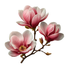 Fototapeta premium Three delicate pink magnolia flowers isolated on transparent background