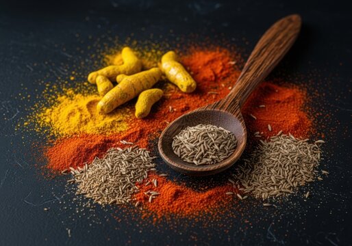 Vibrant turmeric and cumin spices with a wooden spoon on a dark surface