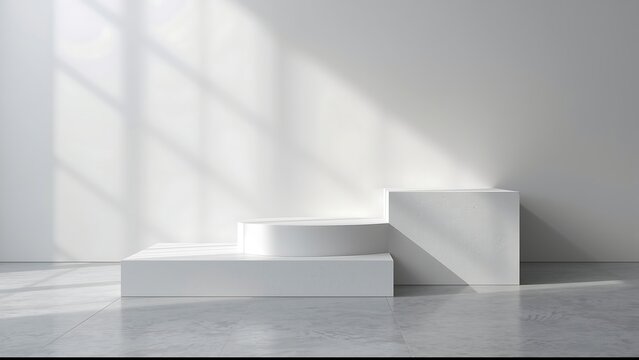 Modern minimalist podium stage with sunlight and shadow on the wall, ideal for product display and presentation in a clean interior studio