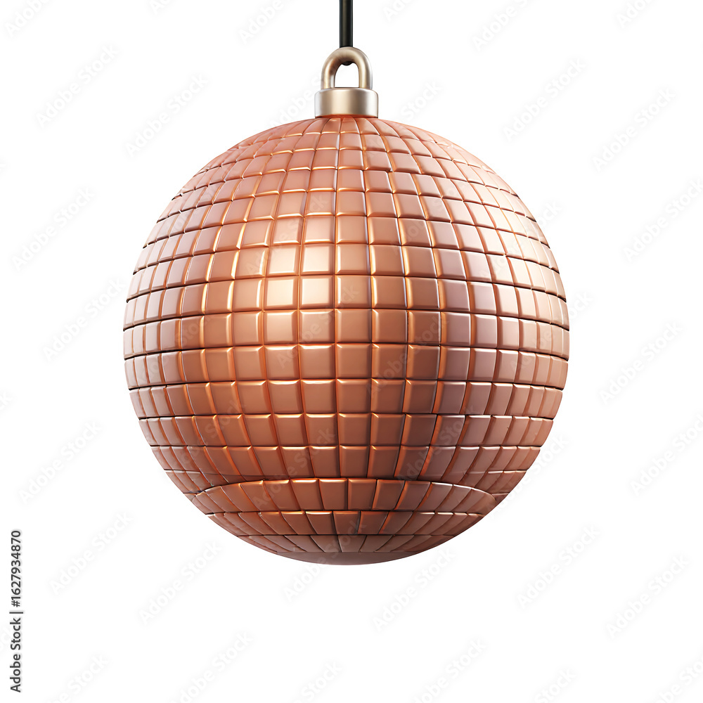 Poster a close up of a copper colored disco ball hanging from a string view from below