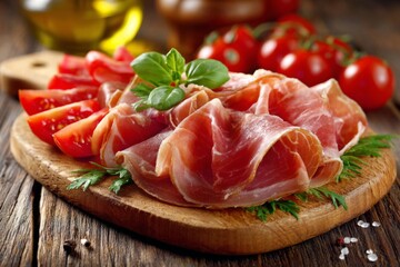 Freshly sliced prosciutto with ripe tomatoes and basil on a wooden cutting board in a rustic kitchen setting